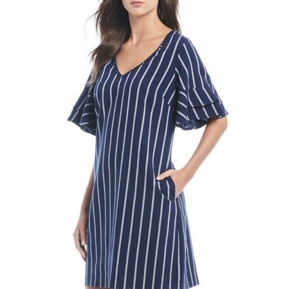 Tommy Bahama Vista Striped Shift Dress Size XS Blue‎ and White Nautical Ruffle